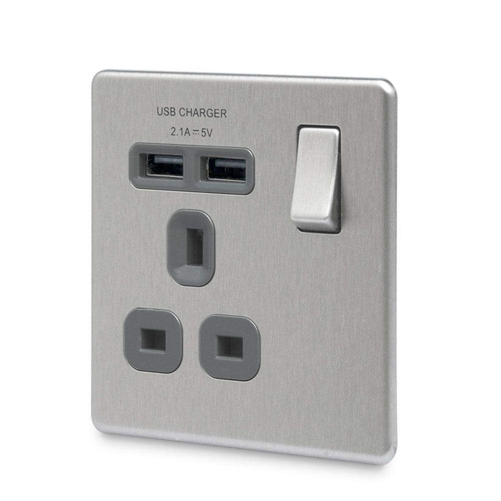 BG Electrical fbs21u2g 2.1 A Masterplug Single Socket with 2 x USB, Brushed Steel Grey Insert