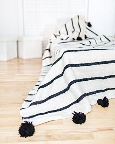 Fashionista. Moroccan Pom Pom Blanket Throw, Quilt, Bedding, Wool. Small (59 x 59 inches / 1.5 x 1.5 m)