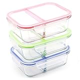 RENPHO [3-Pack, 36oz] Glass Meal Prep Containers 2 Compartment - Glass Bento Box Glass Compartment Food Containers with Airtight Lids Glass Lunch Containers - Microwave,Oven,Freezer,Dishwasher Safe