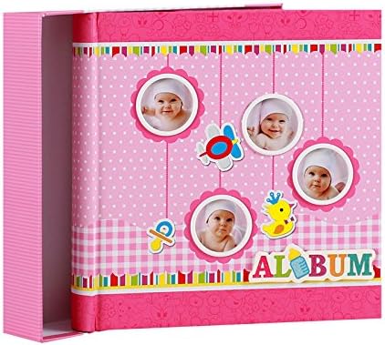Elegant Baby Pink Photo Album for 200 Photos 10 x 15 cm, cover + Gift Box Printed Paper with Embossed Writing Space For 4 Photos Personalized Design Comment Pictures, 23x23 cm, also available in blue