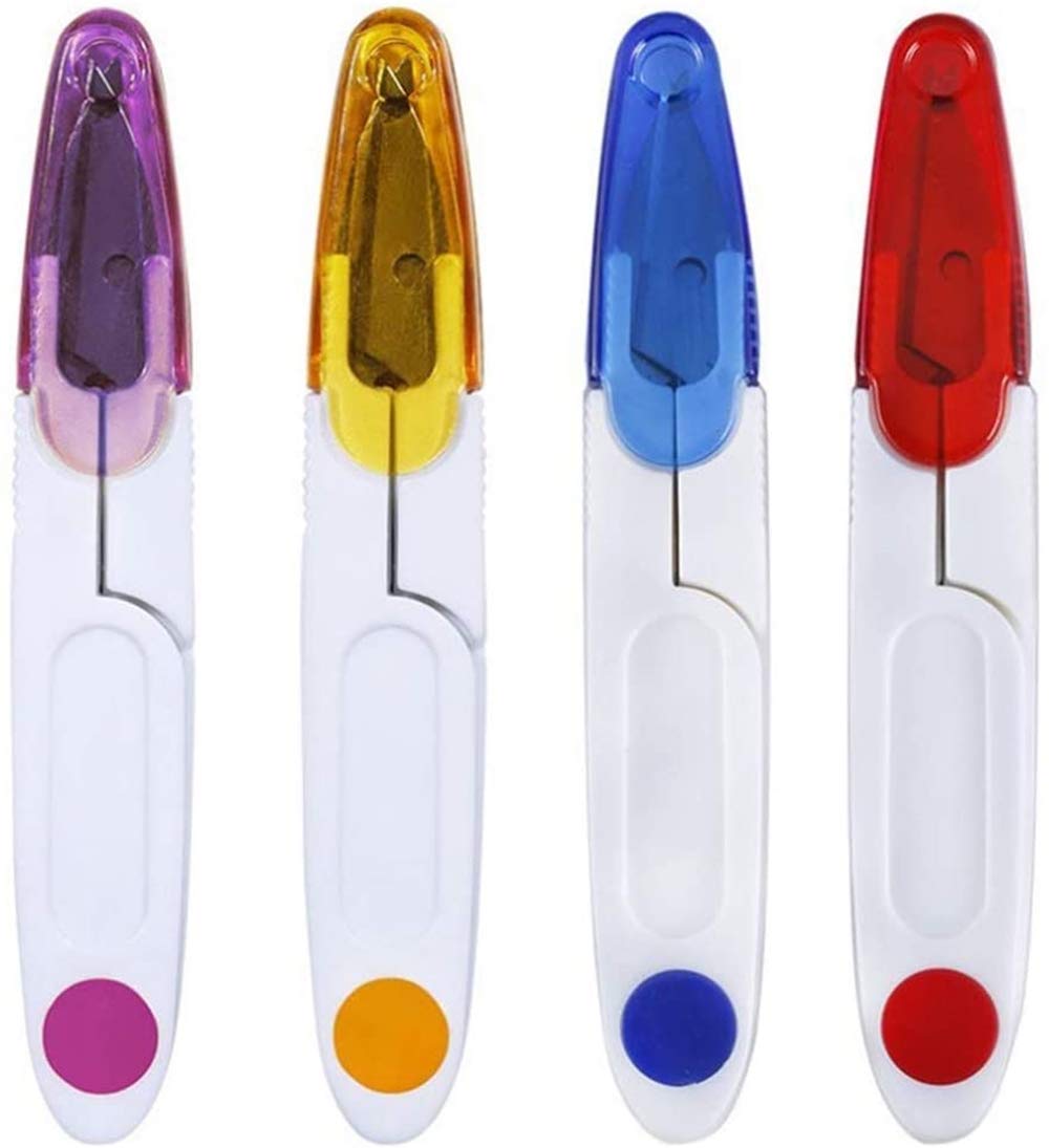 FLZONE 4 Pack U Sewing Scissors Clippers,Cross Stitch Scissors,Fishing line Scissors, Mini Small Snips Trimming Nipper with Safety Cover,Very Suitable for DIY Handmade（4 Colors）