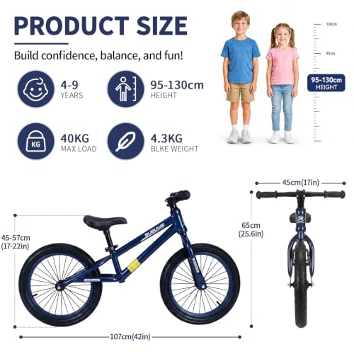 Bueuwe 16 Inch Balance Bike for Big Kids Aged 4 5 6 7 8 and 9 Years Old Boys Girls,Large No Pedal Training Bicycle, Adjustable Seat, Pneumatic Tires, Quick Assembly