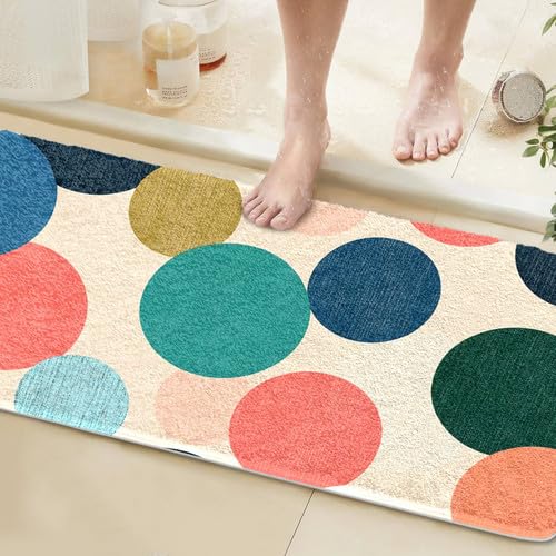 Gooddooes Long Bathroom Runner Rug 60x150CM Beige Blue, High Absorbency Bath Mat Slip-Resistant Washable Circle Bath Mat for Bathroom Kitchen Laundry Room - Modern Geometric Pattern Carpets