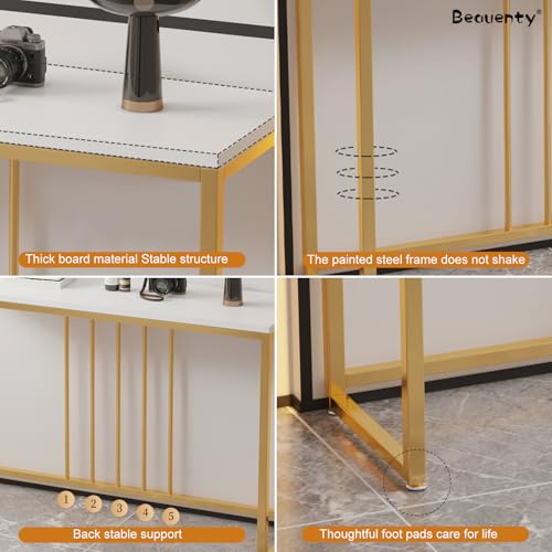 Beauenty Console Table for Entryway, 100cm Entryway Table with Golden Frame, Narrow Long Sofa Side Table,TV Cabinet, Hallway Table for Bedroom, Living Room, Foyer (Gold & White)