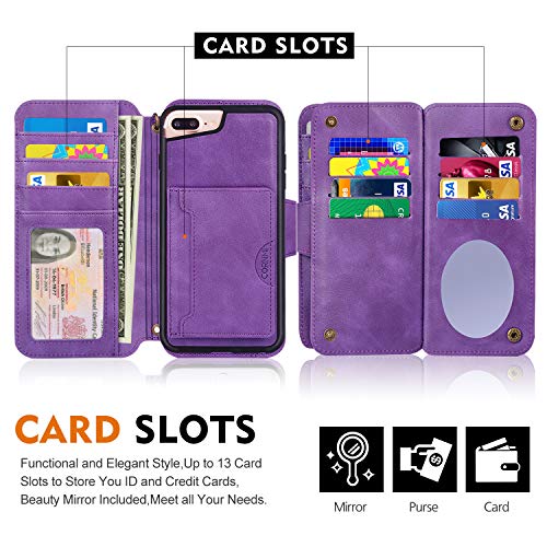 Cornmi Compatible for iPhone 8 Plus Wallet Case,Detachable Wallet Leather Cover 13 Card Slots Wristlet and Shoulder Strap Handbag Purse Flip Stand Slim Mirror case Compatible with iPhone 6/7 / 8 Plus
