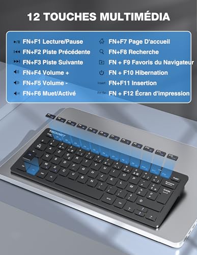 TECKNET France AZERTY 2.4G Silent Wireless Keyboard and Mouse with Nano USB Receiver, 12 Multimedia Shortcuts for Computer, PC, Laptop, Desktop