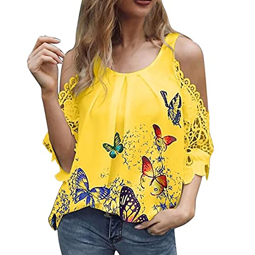 Summer Women Off Shoulder Lace Tops 3/4 Sleeve Butterfly Shirts Crew Neck Casual Floral Hollow Out Blouse Tees
