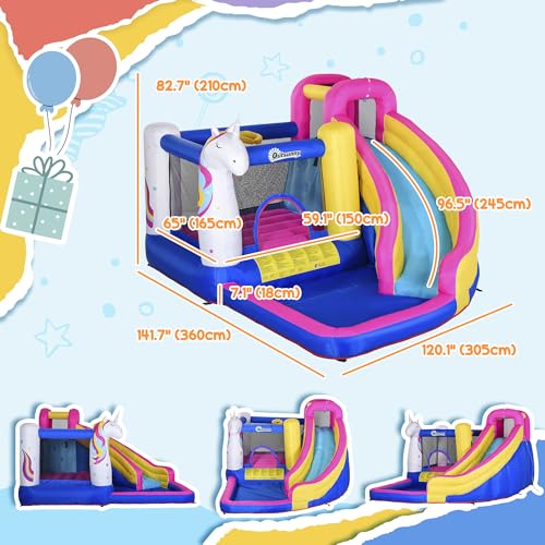 Outsunny Unicorn Bouncy Castle for Kids, Bounce House, Inflatable Water Slide Game, Ball Pit Pool, Climbing Wall, Basketball Hoop, Inflatable Game Toy, for 3-8, 12' x 10.5' x 7'