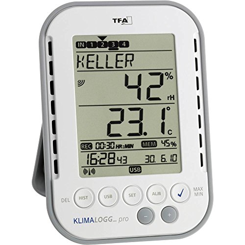 TFA Dostmann Klimalogg Pro Profi-Thermo-Hygrometer, 30.3039, mit Datenlogger-Funktion, Alarm-Funktion, Max.-Min.-Werte, professionelle Raumklimaueberwachung, Weiss, L 98 x B 25 (77) x H 137 mm