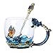Tea Cup Coffee Mug Glassess Cups & Spoon Beautiful Unique Gift For Women Butterfly Rose (Blue Rose)