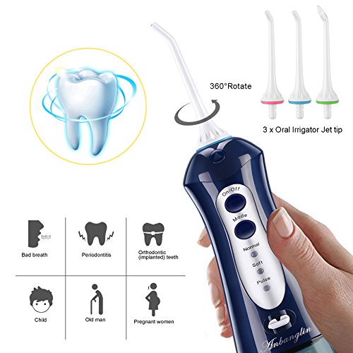 Anbanglin Portable Water Flosser,Professional Cordless Dental Oral Irrigator,IPX7 Waterproof Dental Water Jet with 3 Tips for Home, Travel, Adults, Kids & Braces and Teeth Whitening