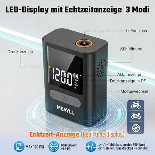 Mini Electric Bicycle Pump with Pressure Gauge, 120 PSI Mini Pump for Auto Stop and Quick Inflation, 500 mAh Battery Air Pump Bicycle with Presta and Schrader Valve for Road Bike, MTB, E-Bike