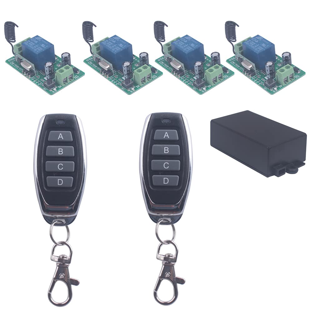 DC 12V 10A Relay Switch 1CH Wireless Remote Control Switch 433MHz Transmitter Receiver Momentary/Toggle Switch 12V Opener garage door keypad Universal wireless ON OFF (4 Receivers and 2 Transmitters)