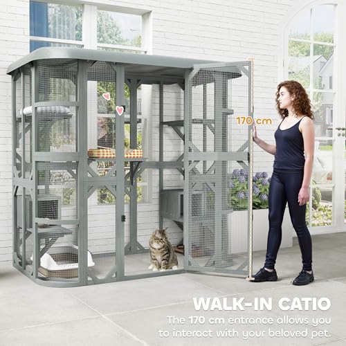 PawHut Catio Outdoor Cat Enclosure, 71" H Wooden Cat House with 5 Jumping Platforms, 2 Condos and Waterproof Cover, Walk-in Kitty Cage for 2–3 Kittens, Grey