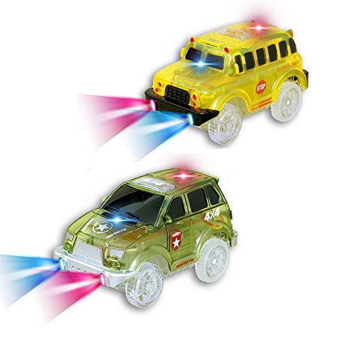 2 Pack Replacement Track Cars Light Up Toy Cars, 5 LED Flashing Lights Compatible with Most Tracks, Green Military Jeep and Yellow School Bus