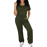 Ulovmi Women's Casual 2 Piece Outfits Short Sleeve Top and Wide Leg Pants with Pocket Loose Fit Lounge Sets Tracksuit
