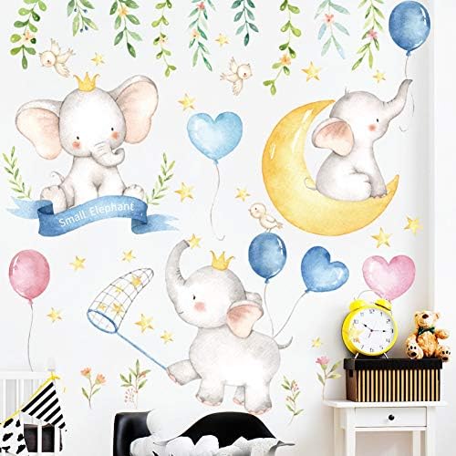TAOYUE Cartoon Small Elephants Balloon Moon Wall Stickers Paint Style for Living Room Kids Room Wall Decal Baby Nursery Wall Decor Gift