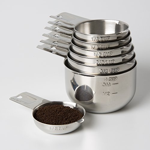 Measuring Cups 7 Piece with New 1/8 cup (Coffee Scoop) by KitchenMade-Stainless Steel-Nesting set.