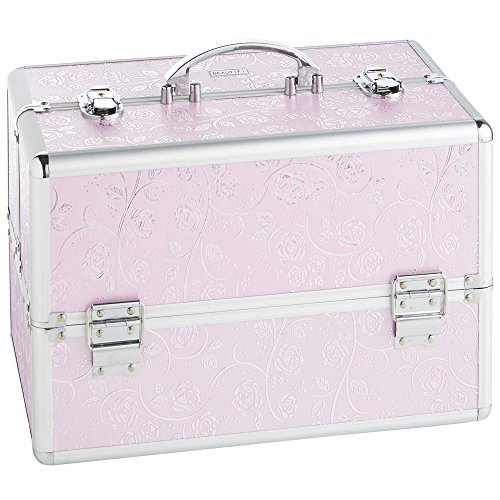 Beautify Large Pink Rose Makeup Cosmetic Organizer Train Case 14" Professional Aluminum Storage Box with Dividers and Lock