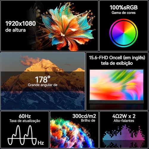 Monitor portátil de 15,6 polegadas, Conectividade USB-C HDMI Full HD 1080P e alto-falantes integrados, Monitor gamer presentes para meninos