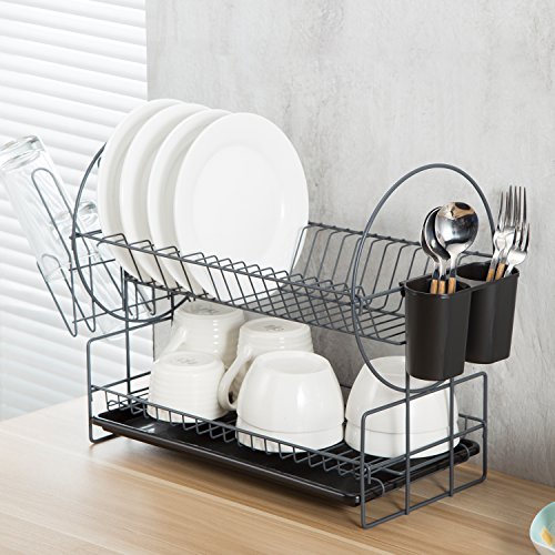 2 Tier Dish Drying Rack Kitchen Organizer with Drain Board, Gray Painted Steel, Naturous