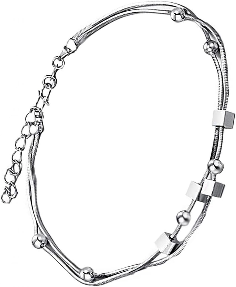 Ailmab Women's Plated White Gold Ankle Bracelets Tri-Links Pole Chain Silver Color