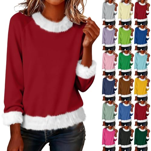 Christmas Jumpers for Women 2025 Plush Collar Cuffs Round Neck Long Sleeve Pullover Sweatshirts Casual Ladies Jumper UK Funny Winter Sweaters Oversized Loose Fit Women's Xmas Tops Fall Crewneck