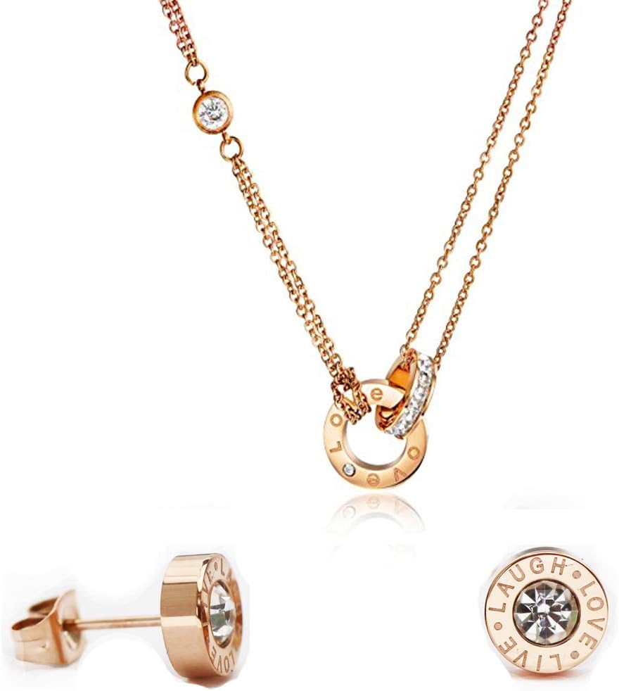 RC Women Jewellery Set 14K Rose Gold Plated Titanium Steel Cubic Zircons Love Double Chain Circle Pendant Necklace and Earring