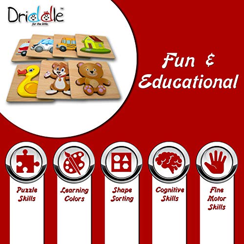 Wooden Educational Jigsaw Puzzles - 7 Pack - Toddler Preschool Game - Kids Learning Toy - Learn Color & Shapes - Driddle