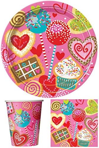 Sweet Valentine Party Supplies Set- Plates Napkins Cups Tableware Kit for 16