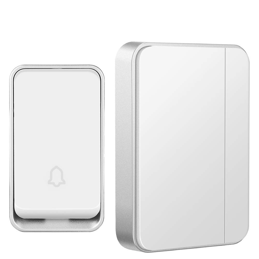 『No Battery Required』AURTEC Wireless Doorbell,Waterproof Door Chime Kit with 1 Press Self-Powered Transmitter & 1 Plug-in Receiver,51 Chimes,4 Volume Levels,No Battery Required,White