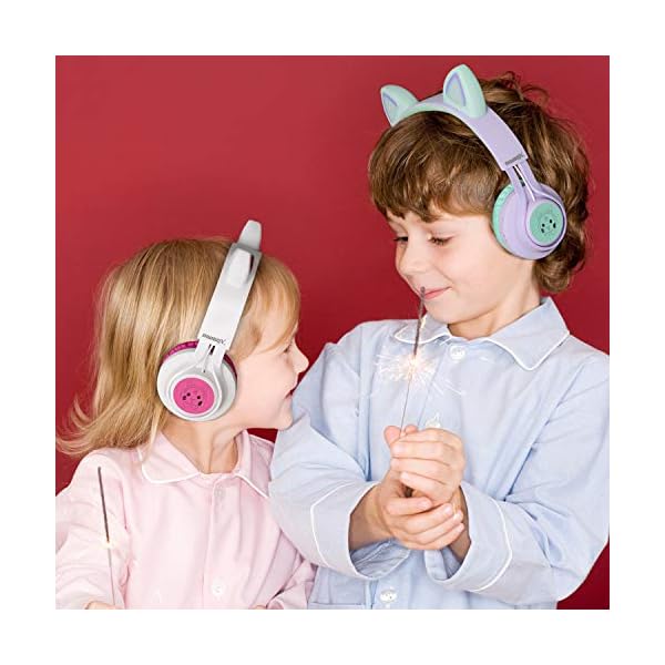 Bluetooth-Headphones-Riwbox-CT-7-Cat-Ear-LED-Light-Up-Wireless-Foldable-Headphones-Over-Ear-with-Microphone-and-Volume-Control-for-iPhoneiPadSmartphonesLaptopPCTV-WhitePink Riwbox Bluetooth Headphones, CT-7 Cat Ear LED Light Up Wireless Foldable Headphones Over Ear with Microphone and Volume…
