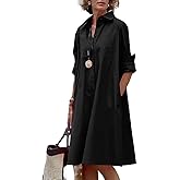 Womens Linen Long Sleeve Simple Printed Button Down Shirt Dress Plus Size Loose Shirt Dresses for Women with 2 Pockets