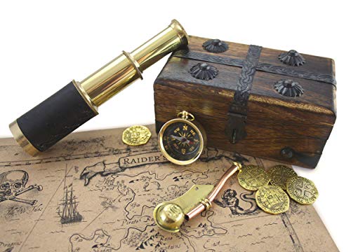 Pirate Treasure Chest Solid Wood With 6" Telescope Spyglass Brass Functional Compass, Bosun Whistle, Metal Coins, Treasure Map By Well Pack Box,