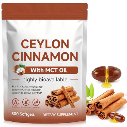 Ceylon Cinnamon Capsules 300 Pcs with MCT Oil, High Bioavailability for Anti-Oxidant, Overall Vitality & Digestive & Metabolic Support, Health Management