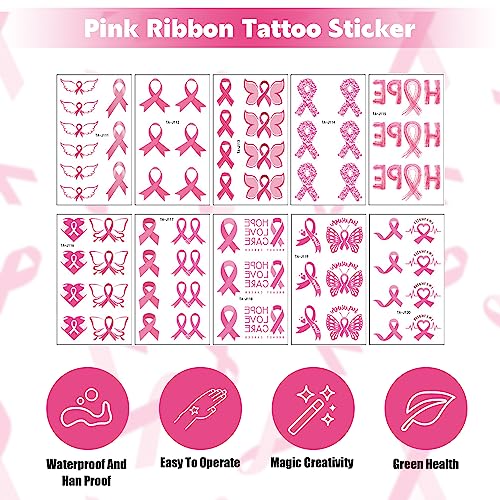 10Pack Pink Temporary Tattoos For Breast Cancer Awareness Glittering