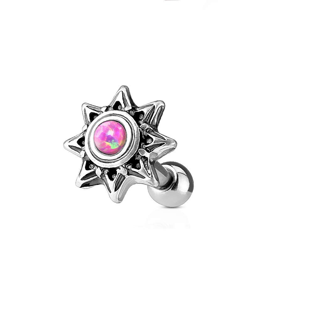 PiercedOff 316L Surgical Steel Externally Threaded Tribal Sun Cartilage Barbell with Pink Synthetic Opal - Thickness 16GA(1.2mm) / Length 6mm / Ball Size 3mm and Sun size 7mm