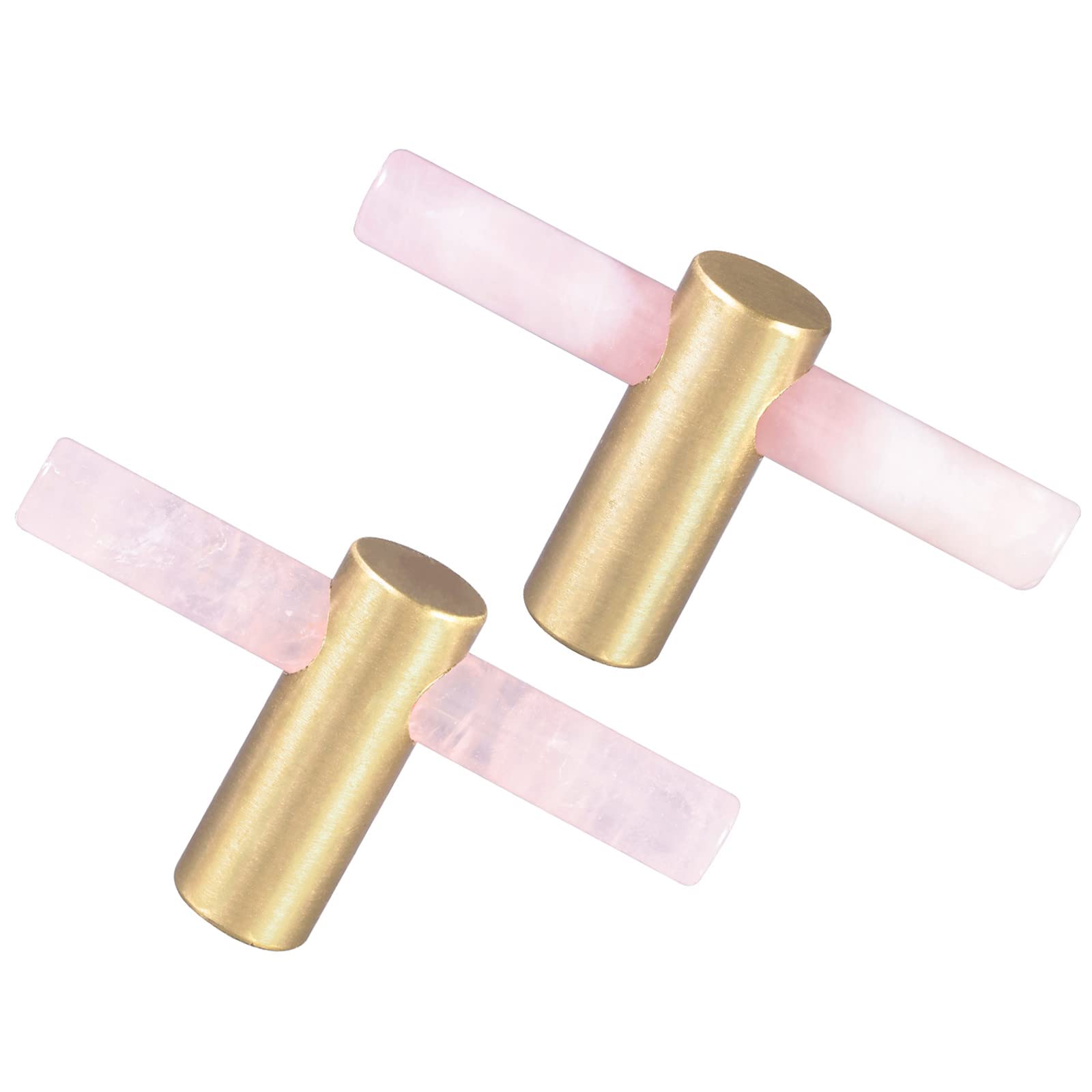 Nupuyai 2pcs Rose Quartz Crystal Stone Drawer Knobs and Pulls, Cylinder Wand Healing Stone Cabinet Knobs Brass Handles for Dresser Kitchen Decor