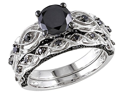 1.23 Carat (ctw) Black Diamond Engagement Ring and Wedding Band Set in 10K White Gold