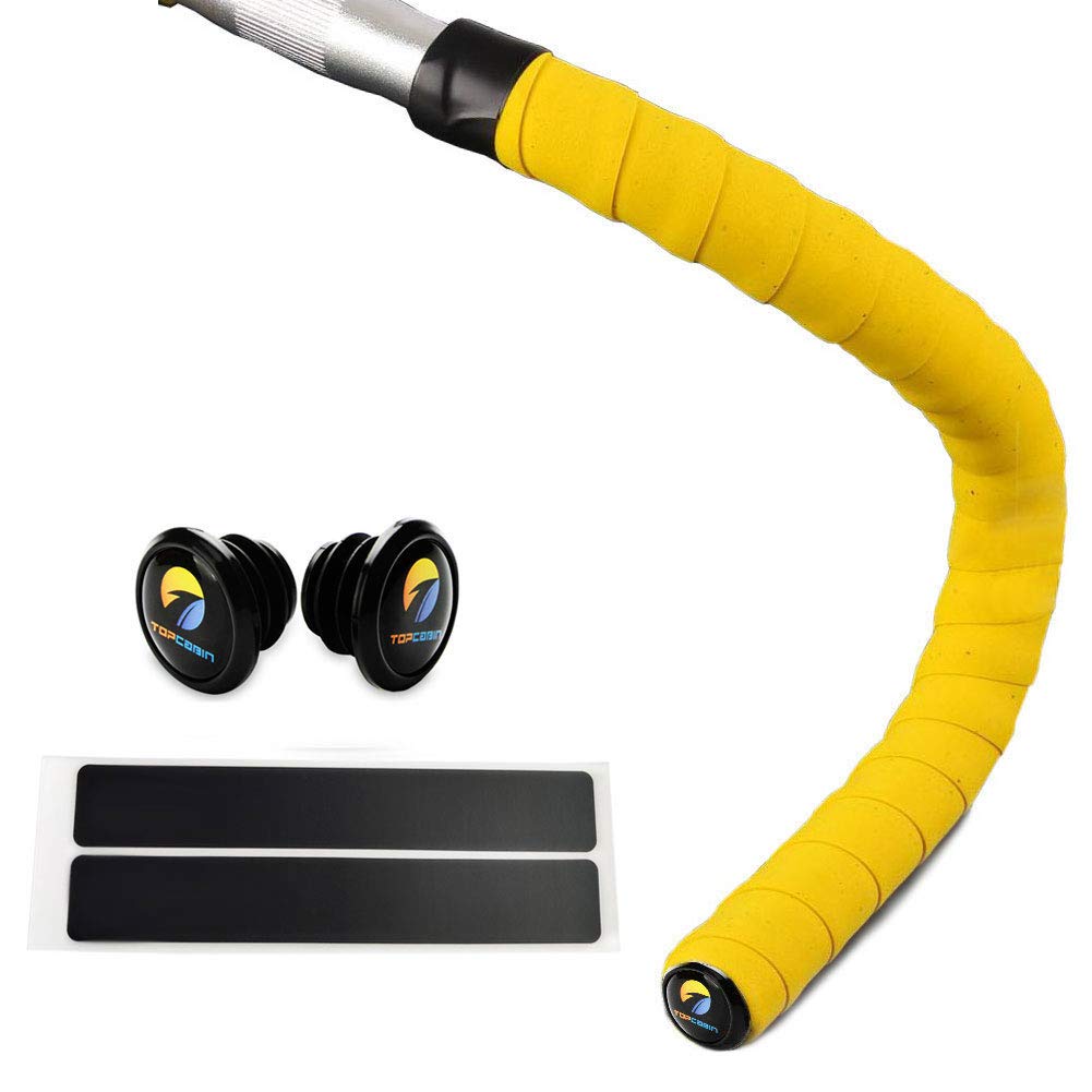 TOPCABIN® Bicycle Handlebar Tape Non-Slip Comfort GEL Road Bike Handlebar Tape Bike Bar Tape with Reflective Bar Plugs (# Yellow)