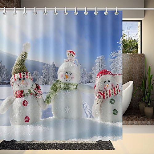 Snowman Winter Christmas Digital Print Polyester Fabric Shower Curtain - Blue Red Yellow White Green- Machine Washable 66Wx72L