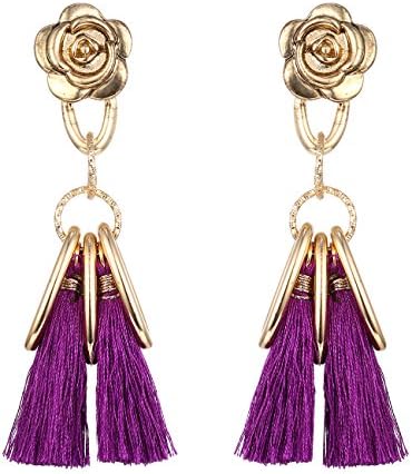 eManco Handmade Ethnic Rose Flower Drop Dangle Long Purple Tassel Earrings Stud for Women Fashion Jewelry