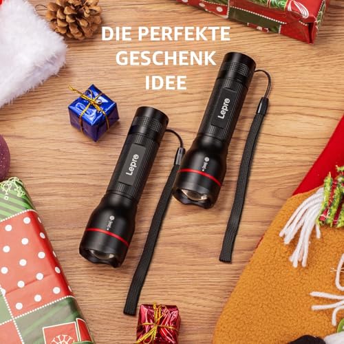 Lepro LED Torch, LE2000 Extremely Bright LED Torches with 5 Modes, Zoomable Camping Hand Lamp, Waterproof Torch for Camping, Outdoors, Hiking, Fishing, Gift (Pack of 2) | Extremely bright mini torches (no batteries included), waterproof torch light for outdoor, hiking, gift, emergency