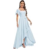 Monvelli Asymmetrical Chiffon Flutter Sleeve Bridesmaid Dresses for Women Square Neck Formal Gowns with Pockets