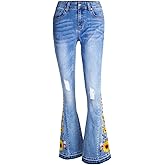RSBFK Women's Wide-Leg Denim Pants with a Stylish Floral Embroidered Bell Bottom Flare Jeans