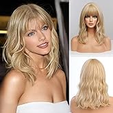 EMMOR Short Curly Wigs with Bangs,Wavy Bob Wigs for Women Heat Resistant Synthetic Wigs Shoulder Length Wigs Natural Looking (Mixed Blonde)