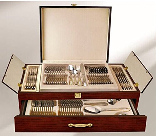 Venezia Collection 'Greek' 85-pc Luxury Flatware Set, Dining Silverware Cutlery Service for 12, Premium 18/10 Surgical Stainless Steel, 24K Gold-Plated Hostess Serving Set, Wood Storage Chest - Thumbnail 7