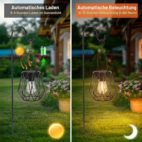 Ketom Pack of 2 Solar Lights for Outdoor Hanging Solar Lantern for Outdoor Standing Metal IP65 Waterproof Solar Pendant Lamp Outdoor Vintage with LED Bulb and Hook, Diamond, Black, for Outdoor Lawn