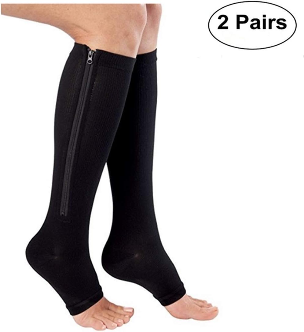 Zipper Compression Socks (2 Pairs), Open Toe Leg Support Medical Edema Varicose Veins Swollen Sore Knee Stockings (Black, L/XL)