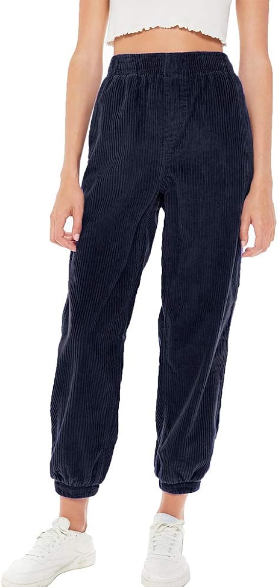 N /C Women's Corduroy Pants, Casual Elastic Waist Solid Color Loose